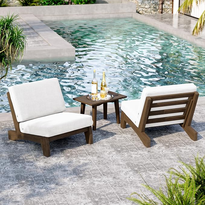 3 Piece Wood Outdoor Chairs Patio Bistro Set with Side Table, All Weather Outdoor Furniture Patio Sofa Chair Backyard Seating Group - Beige