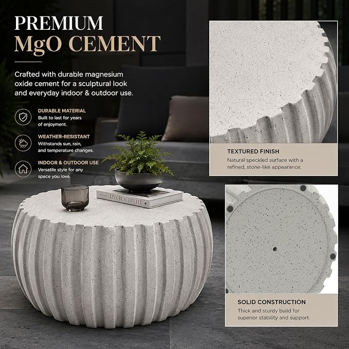 35.43" Round Outdoor Coffee Table - Waterproof MgO Cement Design, Durable Concrete Coffee Table for Patio, Garden, Living Room