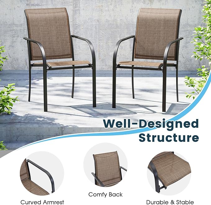 11 Pieces Patio Dining Set, 60" Round Dining Table with Umbrella Hole, 10 Stackable Textilene Fabric Chairs, Metal Structure for Patio, Porch, Garden(Walnut Table, Brown Chair)