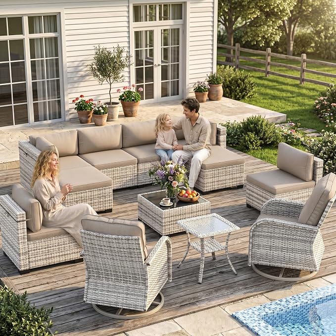 12-Piece Patio Furniture Set, Outdoor Patio Furniture with Swivel Chairs Set, Ottomans, Modular Patio Sofa, Dual-Strand Wicker Rattan, Rust-Resistant Frame, Khaki