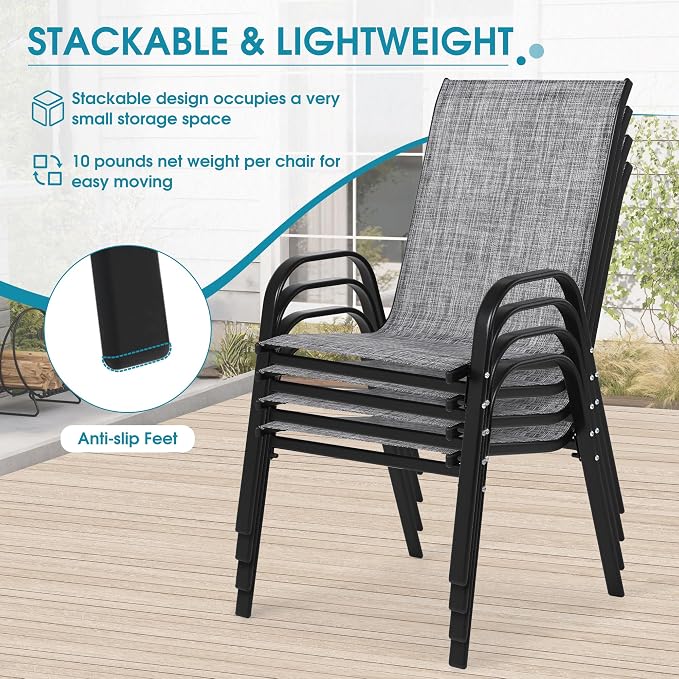 5 Piece Patio Dining Set with Wider 24.4" Stackable Chairs, Outdoor Dining Set for 4 with 36"*36" Table, Black Metal Frame and Gery Textilene
