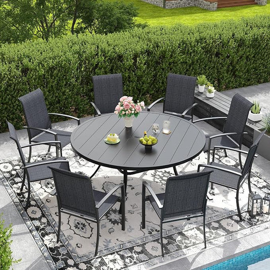 DIFY 9 Pieces Outdoor Dining Set for 8, 53" Round Dining Table with Umbrella Hole and Textilene Stackable Patio Chairs, Metal Patio Table and Chairs Set for Garden Backyard Poolside, Black