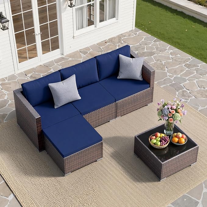 Patio Furniture Set - All-Weather -5 Piece Outdoor Patio Conversation Couch Sets, Modular Wicker Rattan Sectional Sofa for Garden, Patio, Poolside, Backyard, Balcony, Porch,Navy Blue