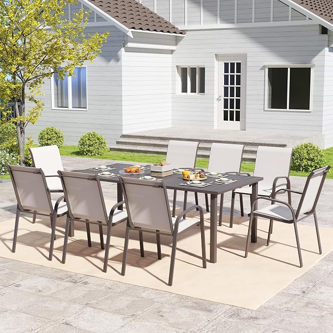 Outdoor Dining Set for 8, Patio Dining Set with Textilene Dining Chairs, Metal Dining Table with Umbrella Hole, Stackable Outdoor Chairs for Garden, Patio, Poolside and Backyard, Grey