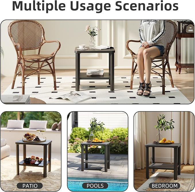 EasyUp Outdoor Side Table & End Table, 2-Tier Waterproof Resin Patio Table, Square End Table with Shelf for Porch, Balcony, Garden, All-Weather Black Outdoor Side Table for Lounge Chairs