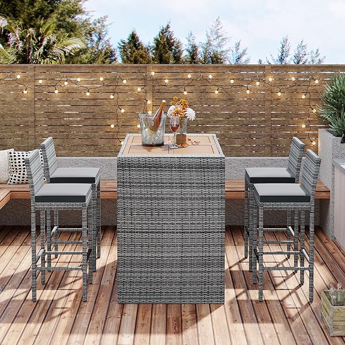 WILLIAMSPACE Patio Bar Table Set of 5, Outdoor Wicker Height Bar Table & 4 Chairs with Cushions & Wood Tabletop, Bistro Set for Backyards Porches (Brown+Grey)