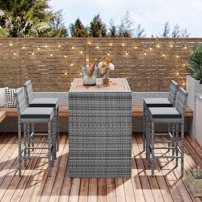 5-Pieces Outdoor Patio Wicker Bar Set,5-Piece Outdoor Patio Dining Set,Bar Height Chairs with Non-Slip Feet and Fixed Rope, Removable Cushion, Acacia Wood Table Top