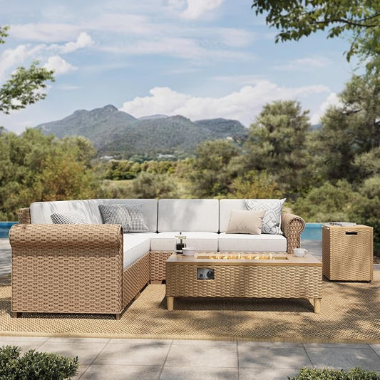 HERA'S HOUSE 7 Piece Patio Furniture Set, Outdoor Sectional Wicker Sofa with Fire Pit Table, 5.5" Thick Waterproof Cushion All Weather 5 Seats Modular Conversation Set for Garden Deck Backyard