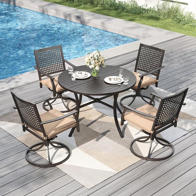 PHI VILLA Outdoor Dining Set for 4, 42" Round Metal Table w/Umbrella Hole | 5 pcs black wrought iron furniture set w/ swivel chairs. All weather for patio, deck, yard, porch