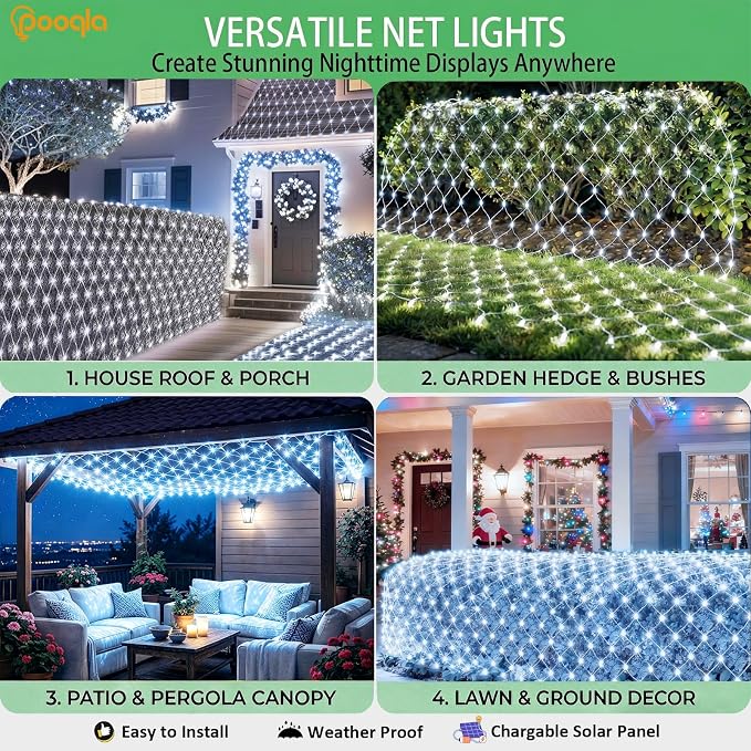 Pooqla Solar Net Lights, 10x10ft 280LED Gazebo Net Lights Outdoor with 8 Modes, Solar & USB Powered Waterproof String Lights Clear Wire, Chandelier for Pergolas, Patio, Bush, Backyard Decor Cool White