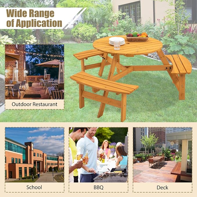Thanaddo 6-Person Outdoor Circular Wooden Picnic Table, Camping Dining Table w/ 3 Built-in Benches, Outside Table Set with Umbrella Hole, 1720lb Capacity for Garden Patio Backyard - Natural