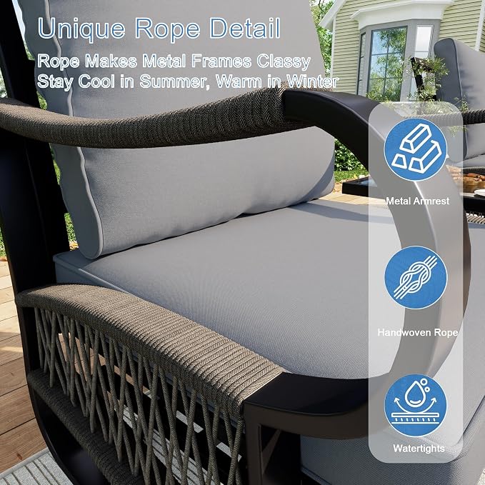 11 Pieces Patio Furniture Set, Metal Outdoor Conversation Sets with Fire Pit Table and Swivel Chairs for Backyard Garden Deck Porch Poolside (Thick Gray Cushions)