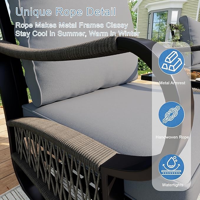 11 Pieces Patio Furniture Set, Metal Outdoor Conversation Sets with Swivel Chairs, Modern Couch Sofa Seating Group with Coffee Table and Side Table (Thick Gray Cushions)