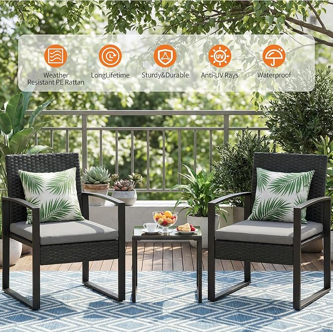 IDEALHOUSE 3 Piece Outside Patio Furniture Set, Outdoor Wicker Chair Conversation Set with Glass Coffee Table, PE Rattan Patio Furniture for Backyard, Porch, Patio, Poolside (No Rocking)