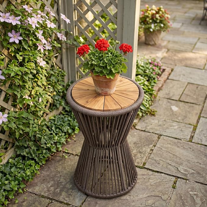 Christopher Knight Home Nara 25.8" Acacia Wood Outdoor Side Table, Hourglass Shaped with Metal Frame+Woven Rope, Outdoor Coffee Table, Garden Plant Stand Indoor, No Assembly Needed, Dark Grey+Teak