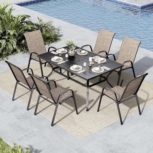 MFSTUDIO Patio Table and Chairs Set of 6, Outdoor Dining Set with Umbrella Hole, 7 Piece Patio Furniture Dining Set with Stackable Chairs