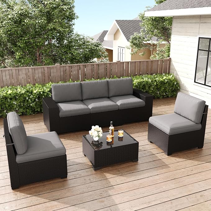 LayinSun 6 Pieces Patio Furniture Set, Black Rattan Modular Sectional Outdoor Conversation Sofa Set