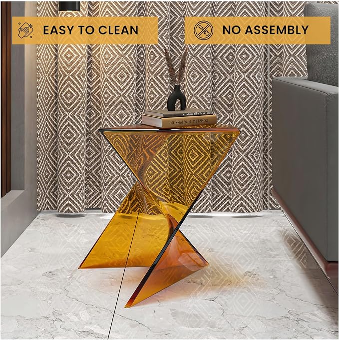 LeisureMod 15.75" Triangular Side Table, Stackable Plastic Accent End Table for Indoor & Outdoor Use, Weather-Resistant Modern Patio & Living Room Table, Set of 2, Tea (Transparent)