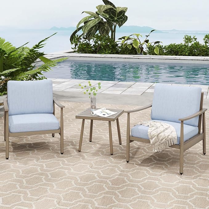 HAPPATIO Patio Conversation Set 3 Pieces, Outdoor Aluminum Conversation Furniture Set, 2 Modern Chairs with Backrest Rope Design and 1 Side Table for Garden, Pool, and Lawn (Brown)