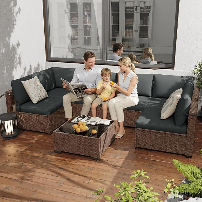 KIGOTY 7-Piece Patio Furniture Set, All-Weather PE Rattan Outdoor Sectional Sofa, Modular Wicker Conversation Set with Thick Cushions & Easy-Clean Coffee Table（Brown/Dark Grey）