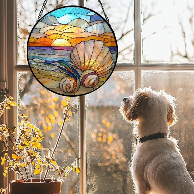 Stained Glass Window Hanging - Colorful Beach Shells Conch Sun Catcher for Door Home Decor Ocean Suncatcher Christmas Mother's Day Birthday Sea Lover Gifts for Women Men Mom Nana 9.8 in
