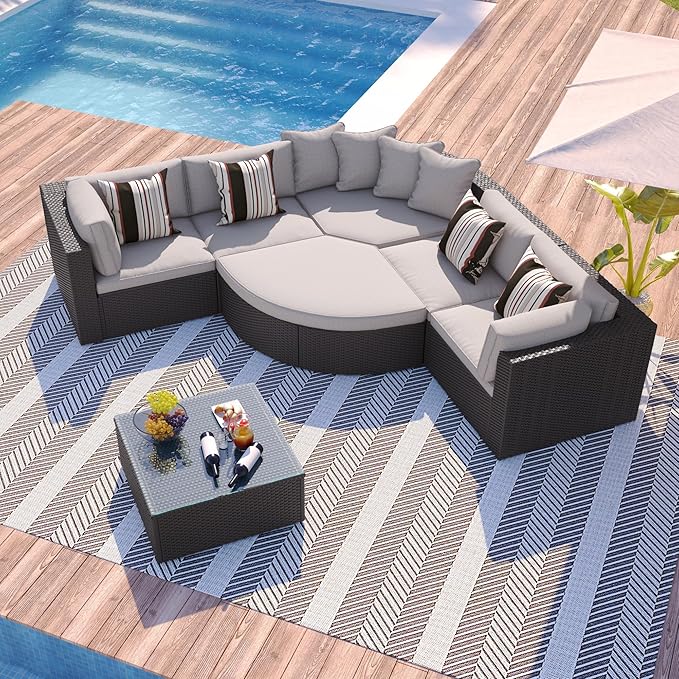 7-Piece Outdoor Wicker Sofa Set, Rattan Sofa Lounger with Striped Pillows, Gray Cushion, Conversation Sofa Set with Coffee Table, for Patio, Garden, Deck (Brown Wicker+Gray Cushion-@A)