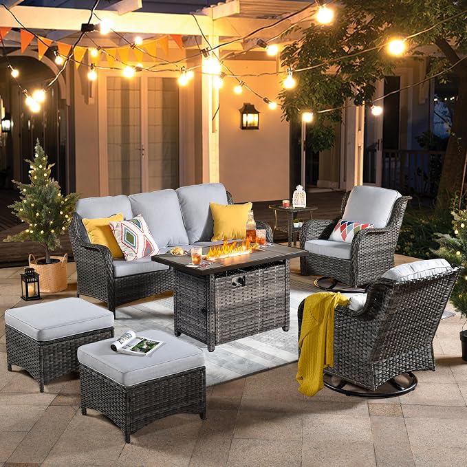 ovios 7-Pieces Patio Furniture Set with 42" Fire Pit Table Swivel Chairs, Outdoor Wicker Sofa Couch Gliders Rocker, High Back Modern Conversation Set, Grey Rattan, Grey