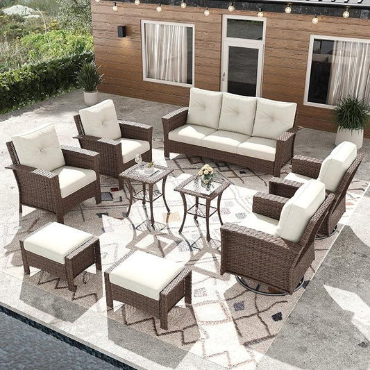 9 Pieces Outdoor Patio Furniture Set, Wicker Patio Sectional Set Conversation Wicker Swivel Chairs with Small Side Table