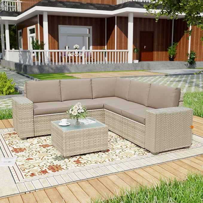 6 Piece Patio Furniture Set, 8" Wide Arm Sectional Sofa Set with Coffee Table, High-Back All-Weather Rattan Outdoor Conversation Set for Garden, Porch, Lawn, Khaki