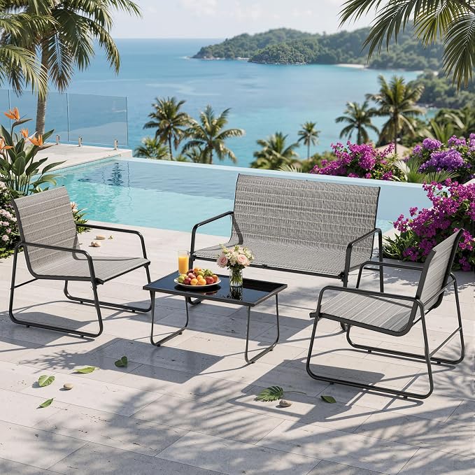 Kullavik 4-Piece Outdoor Patio Furniture Set,Textilene Patio Conversation Set with Loveseat,2 Single Chairs,Glass Coffee Table for Garden,Lawn,Balcony,Poolside,Brown