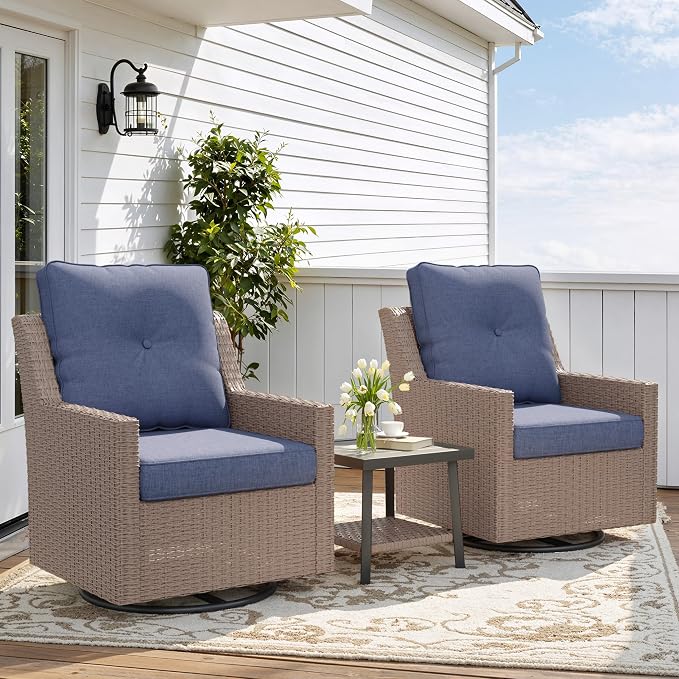 NestNook 3 Piece Patio Furniture Set, Outdoor Furniture Wicker Swivel Chairs Set of 2 with Side Table Rattan Patio Conversation Set for Balcony Deck Backyard and Poolside (Blue)