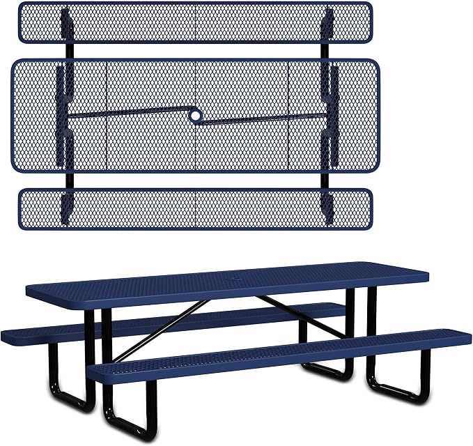 Leisure Craft Metal Picnic Table with Bench - 8 ft Rectangle Outdoor Dining Table for 8, Umbrella Hole, Weatherproof Heavy Duty Thermoplastic Coating, Commercial Grade Furniture Made in USA - Navy