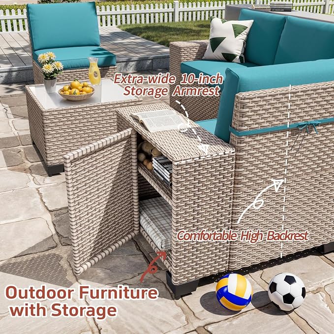 16 Pieces Patio Furniture Set with Fire Pit Table, Outdoor Sectional Wicker Sofa with Thick Cushions, High Back Swivel Rocker Patio Chairs, Rattan Conversation Set with Coffee Table, Cyan