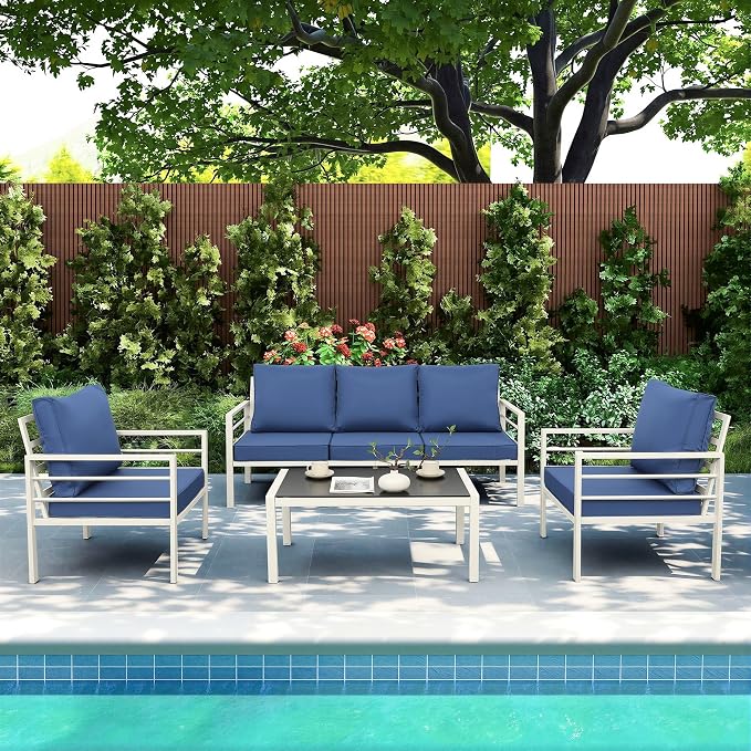 WAROOM Patio Furniture Set 4 Pieces Metal Outdoor Conversation Sets Backyard Chair Outside Couch with Coffee Table, Blue Cushion