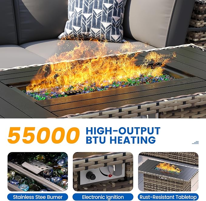 8 Pieces Outdoor Patio Furniture Set with 44" Fire Pit Table Yellow Rattan Sectional Conversation Sets w/Gas Fire Pit, Coffee Table, 1 Waterproof Covers, Dark Grey