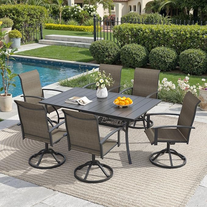 7 Pieces Outdoor Patio Dining Set, 59.2" All Weather Rectangle Metal Table with Umbrella Hole and Storage Shelf, 6 High Back Textilene Swivel Chairs for Garden, Lawn, Black Table&Brown Chairs