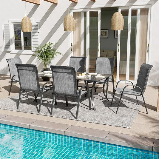 Amopatio 7 Pieces Patio Dining Set for 6, Outdoor Table and Chairs, 6 All Weather Stackable Patio Chairs, 59" Patio Spliced Rectangular Table with Umbrella Hole, for Deck, Backyard, Garden,Gray