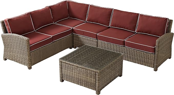 Crosley Furniture Bradenton 5-Piece Outdoor Sectional Sofa Wicker Conversation Patio Furniture Set for Deck, Brown with Sangria Cushions