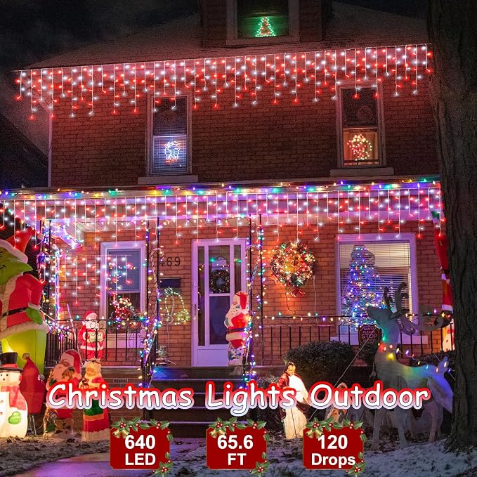 Red and White Christmas Lights Outdoor Icicle Lights for Outside 66ft | 640 LED Twinkle String Lights Clear Wire Connectable 8 Modes Timer Waterproof for House Party Tree Holiday Patio Home Decor