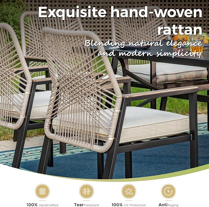 MIXPATIO 9 Pieces Outdoor Dining Set for 8, Patio Dining Set Wicker Rattan Chairs with 3.1" Cushion and Rectangular Table with Umbrella Hole, Wicker Patio Table and Chairs for Backyard Porch