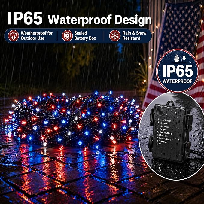100LED Red White and Blue Lights for 4th of July Decoration, 33Ft Battery String Lights Indoor Outdoor Waterproof, 8 Modes Lights for Independence Day American Flag Holiday