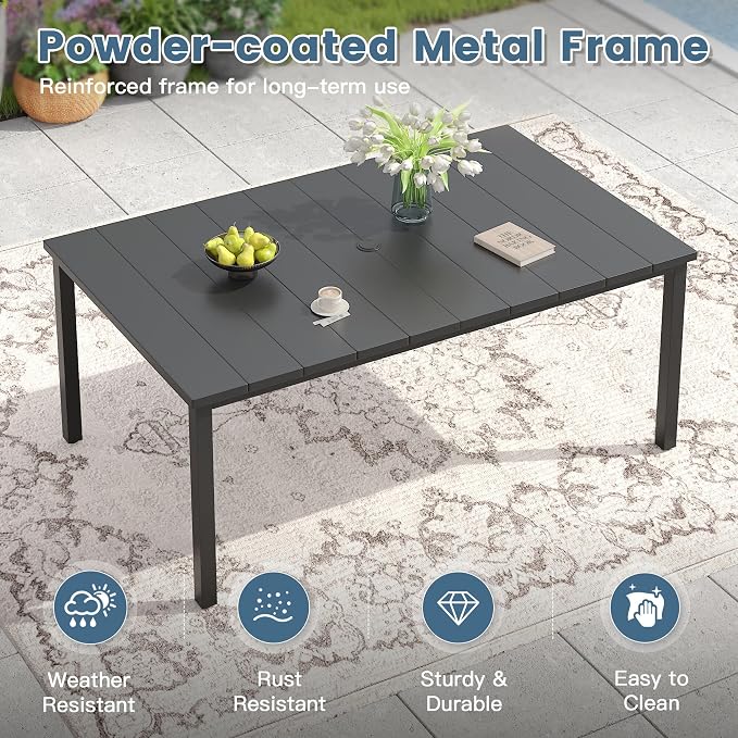DIFY 7 Piece Outdoor Patio Dining Set for 6, 63" Black Rectangle Metal Dining Table and Swivel Patio Chairs with Blue Padded Textilene, All-Weather Outdoor Furniture Set for Garden Backyard Porch