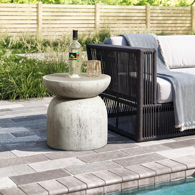 LuxenHome 16" Outdoor Side Table, MgO Rustic End Tables for Patio,Off White and Gray Weathered Round Table, Small Accent Table for Indoor Outdoor Use, Decorative Garden Stool