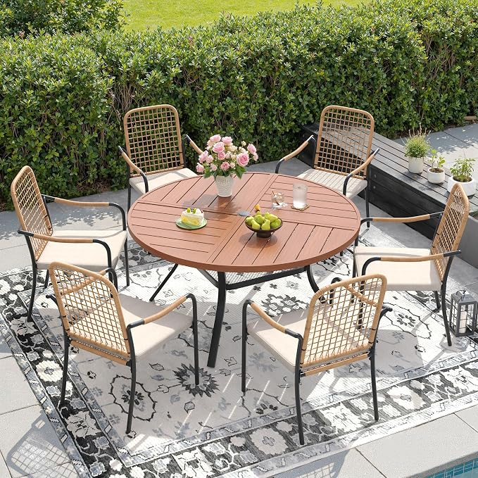 DIFY 7 Pieces Outdoor Dining Set, Metal Patio Table and Chairs Set for 6, 47.2" Round Dining Table with Umbrella Hole & Wicker Stackable Patio Chairs with Cushions, Walnut Tabletop