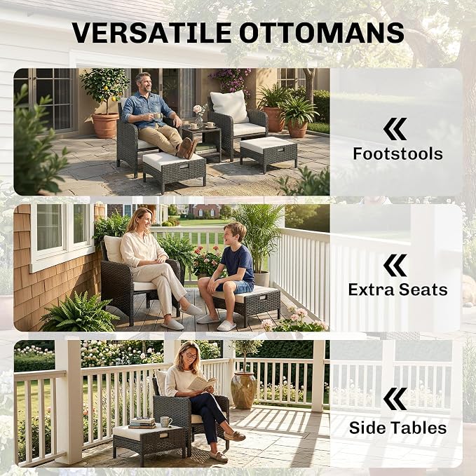 Outsunny 5 Piece Patio Furniture Set, Wicker Balcony Furniture with 23.6" Wide Deep Seat, 2 Ottomans, Glass Coffee Table, Cushions, Rattan Outdoor Conversation Patio Set for Garden Porch, Beige