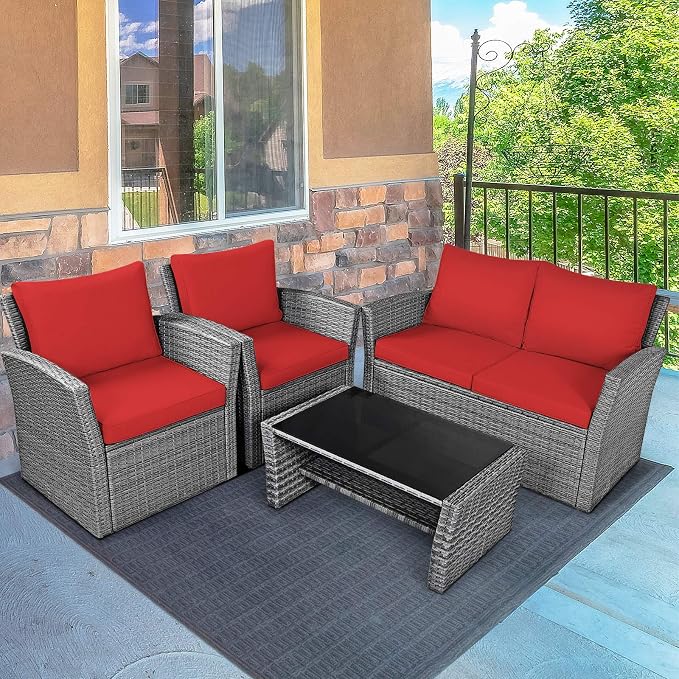 HAPPYGRILL 4 Piece Patio Rattan Furniture Set Outdoor Conversation Set with Cushions and Coffee Table, Sectional Wicker Sofa Set for Garden Porch Balcony Poolside