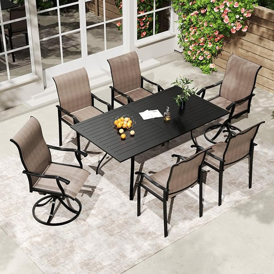 LVUYOYO 7-Piece Outdoor Patio Dining Set, Textilene Swivel Dining Chairs & Rectangular Table Set, All-Weather Table and Chairs Set with Umbrella Hole for Backyard, Garden,Balcony,Porch (Brown)