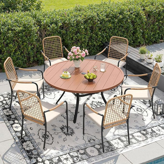 DIFY 7 Pieces Outdoor Dining Set for 6, 47.2" Round Dining Table with Umbrella Hole & Wicker Stackable Patio Chairs with Cushions, Metal Patio Table and Chairs Set for Backyard Porch Garden, Walnut
