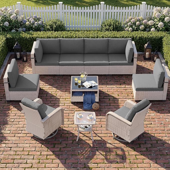 Patio Furniture Set, 10-Piece Outdoor Sectional Sofa with Swivel Rocker Chairs & 2-Layer Glass Coffee Table, Wicker Patio Conversation Set with Gray Cushions