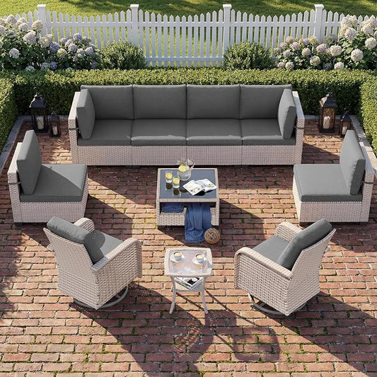 Patio Furniture Set, 10-Piece Outdoor Sectional Sofa with Swivel Rocker Chairs & 2-Layer Glass Coffee Table, Wicker Patio Conversation Set with Gray Cushions